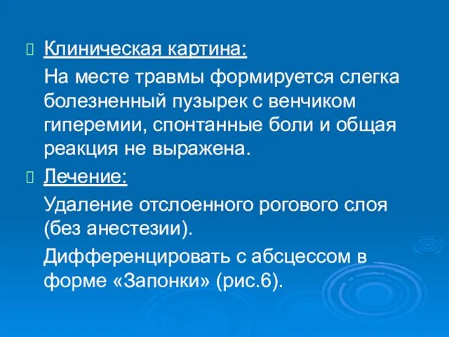 Клиническая картина: На месте травмы формируется слегка болезненный пузырек с