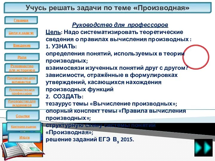 Учусь решать задачи по теме «Производная» ЕГЭ Руководство для профессоров Цель: Надо систематизировать