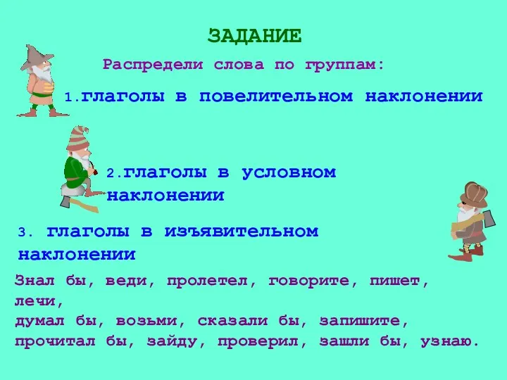 ЗАДАНИЕ Распредели слова по группам: Знал бы, веди, пролетел, говорите,