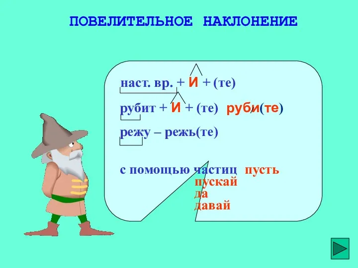 ПОВЕЛИТЕЛЬНОЕ НАКЛОНЕНИЕ наст. вр. + И + (те) рубит +