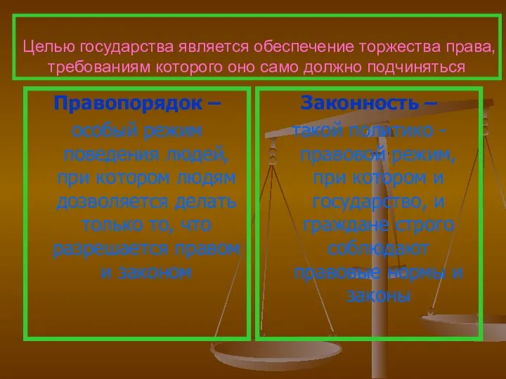 Целью государства является обеспечение торжества права, требованиям которого оно само