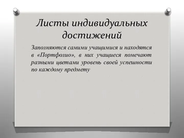 Листы индивидуальных достижений Заполняются самими учащимися и находятся в «Портфолио»,