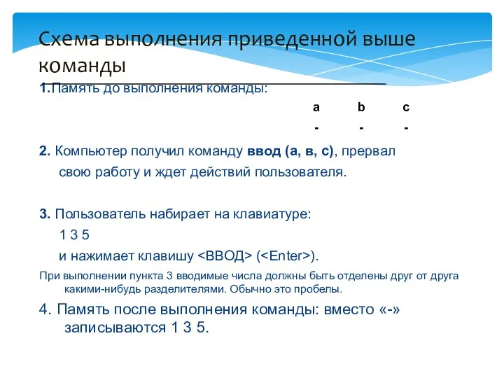 1.Память до выполнения команды: 2. Компьютер получил команду ввод (а, в, с), прервал