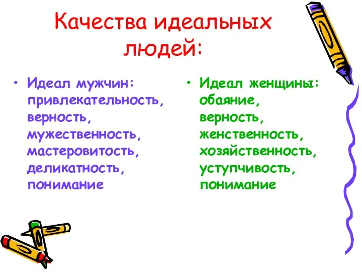 Качества идеальных людей: Идеал мужчин: привлекательность, верность, мужественность, мастеровитость, деликатность,