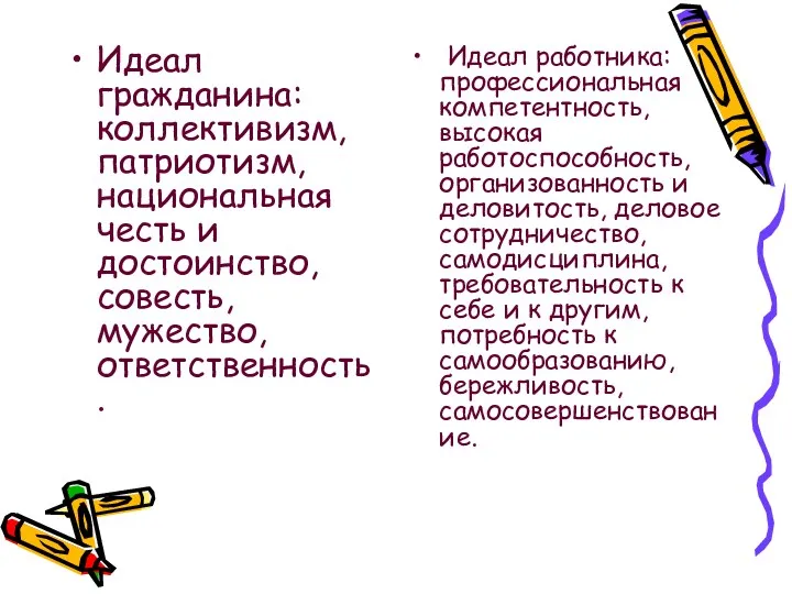 Идеал гражданина: коллективизм, патриотизм, национальная честь и достоинство, совесть, мужество,