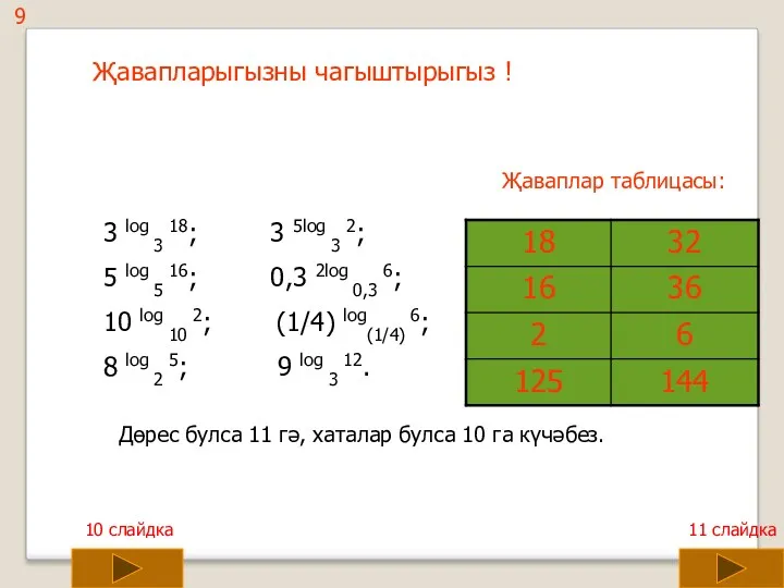 Җаваплар таблицасы: Дөрес булса 11 гә, хаталар булса 10 га