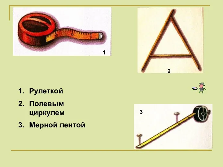 Рулеткой Полевым циркулем Мерной лентой 1 2 3