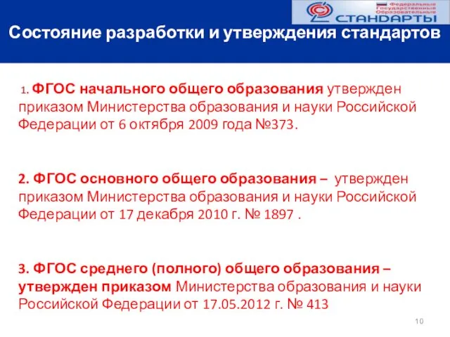 Состояние разработки и утверждения стандартов 1. ФГОС начального общего образования