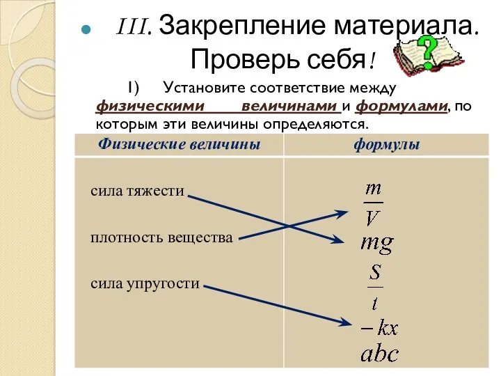 III. Закрепление материала. Проверь себя! 1) Установите соответствие между физическими