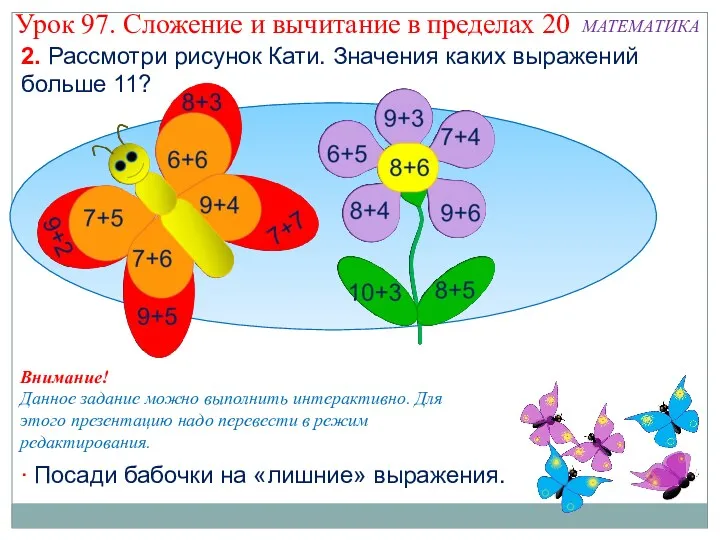 2. Рассмотри рисунок Кати. Значения каких выражений больше 11? Урок