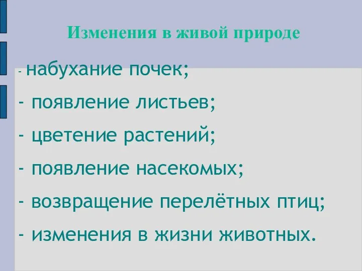 Изменения в живой природе - набухание почек; - появление листьев; - цветение растений;