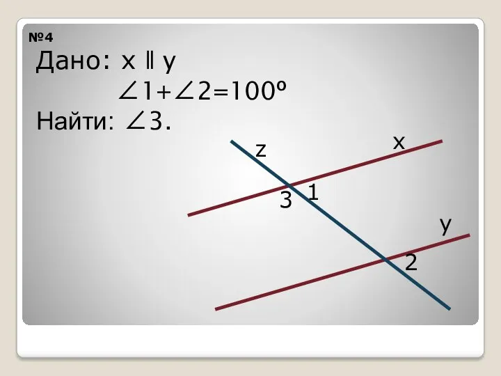 №4 z x y 3 1 2 Дано: x ǁ y ∠1+∠2=100º Найти: ∠3.
