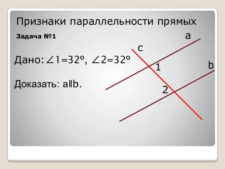 Признаки параллельности прямых Задача №1 с а 1 2 b Дано:∠1=32º, ∠2=32º Доказать: аǁb.