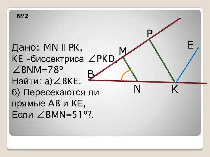 №2 М P В Дано: MN ǁ PK, KE –биссектриса ∠PKD, ∠BNM=78º Найти: