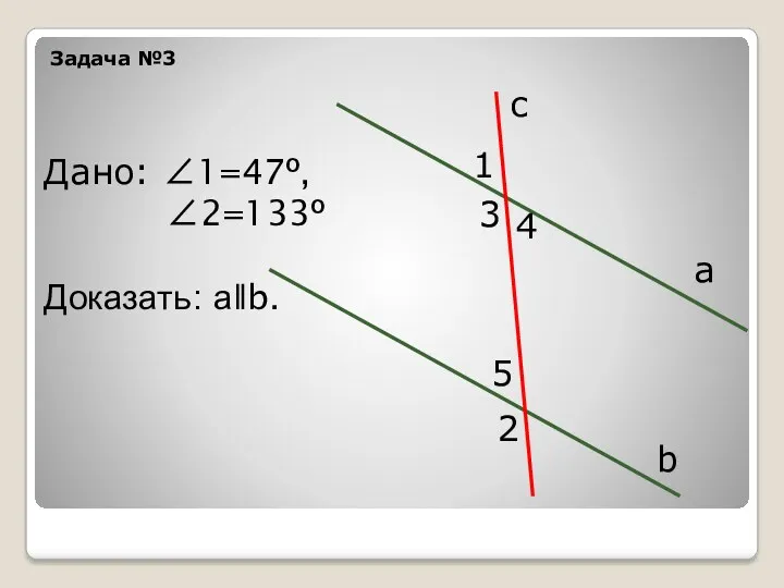 Задача №3 а b c 1 3 4 5 2 Дано: ∠1=47º, ∠2=133º Доказать: аǁb.