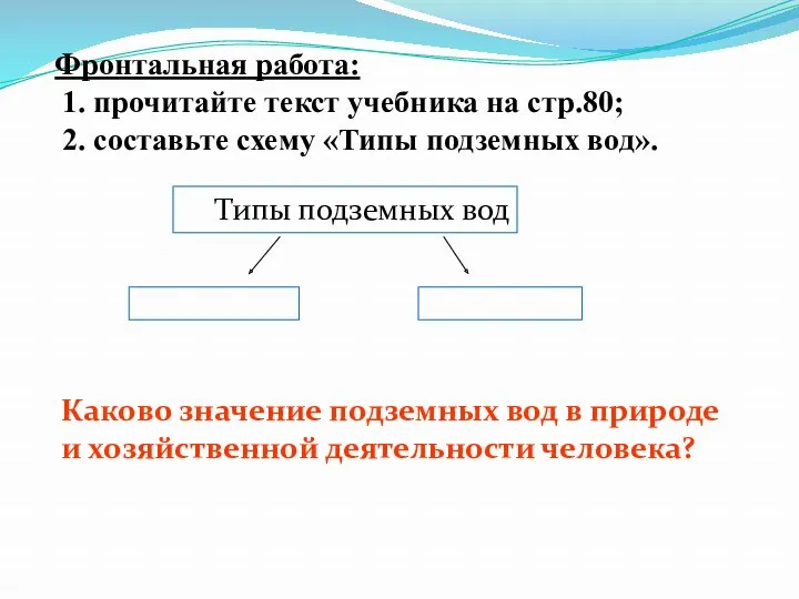 Фронтальная работа: 1. прочитайте текст учебника на стр.80; 2. составьте схему «Типы подземных