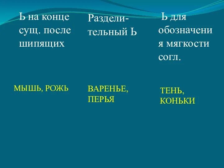 МЫШЬ, РОЖЬ Ь на конце сущ. после шипящих Раздели- тельный