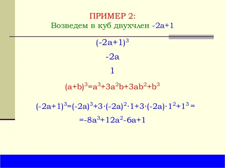 ПРИМЕР 2: Возведем в куб двухчлен -2a+1 (-2a+1)3=(-2a)3+3∙(-2a)2∙1+3∙(-2a)∙12+13 (a+b)3=a3+3a2b+3ab2+b3 (-2a+1)3 -2a 1 =-8a3+12a2-6a+1 =