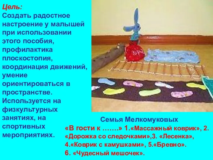 Семья Мелкомуковых «В гости к …….» 1.«Массажный коврик», 2.«Дорожка со