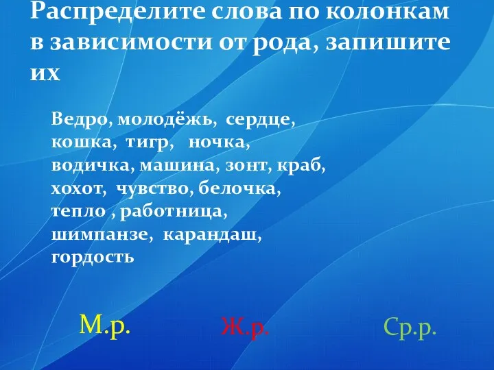 Распределите слова по колонкам в зависимости от рода, запишите их