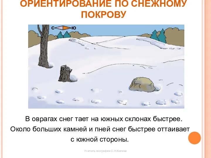 ОРИЕНТИРОВАНИЕ ПО СНЕЖНОМУ ПОКРОВУ В оврагах снег тает на южных склонах быстрее. Около