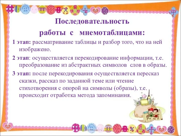 Последовательность работы с мнемотаблицами: 1 этап: рассматривание таблицы и разбор