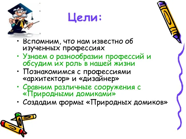 Цели: Вспомним, что нам известно об изученных профессиях Узнаем о