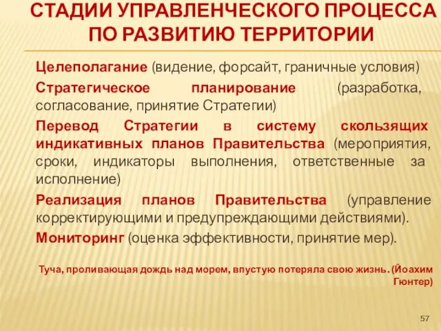 СТАДИИ УПРАВЛЕНЧЕСКОГО ПРОЦЕССА ПО РАЗВИТИЮ ТЕРРИТОРИИ Целеполагание (видение, форсайт, граничные условия) Стратегическое планирование