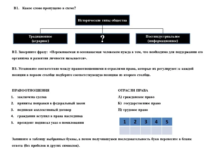 Исторические типы общества В1. Какое слово пропущено в схеме? ?