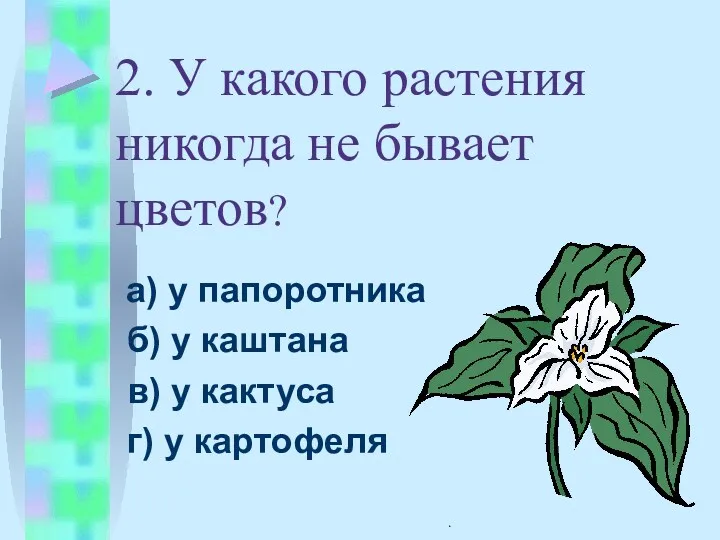 . 2. У какого растения никогда не бывает цветов? а)