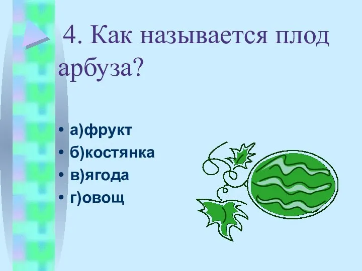 4. Как называется плод арбуза? а)фрукт б)костянка в)ягода г)овощ