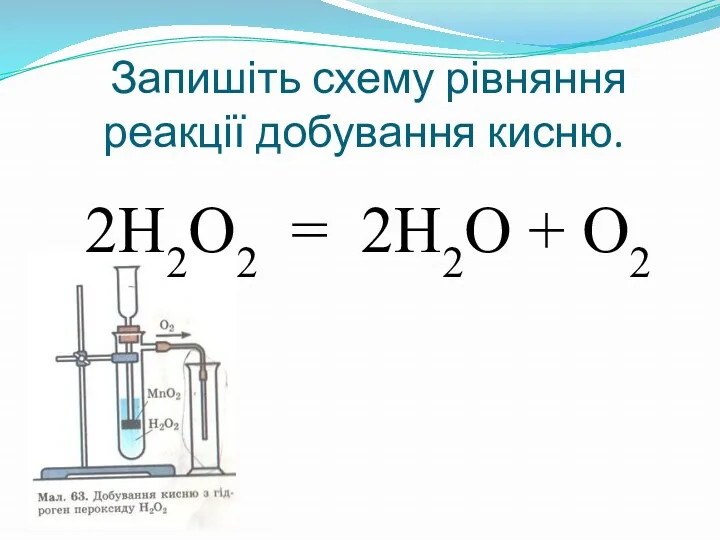 Запишіть схему рівняння реакції добування кисню. 2Н2O2 = 2Н2O + O2
