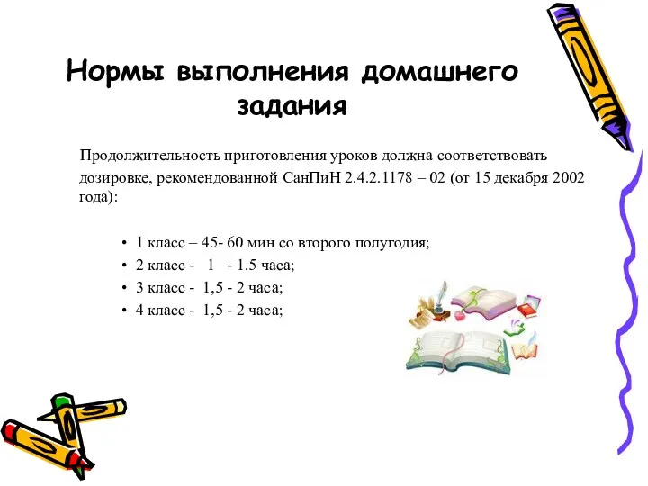 Нормы выполнения домашнего задания Продолжительность приготовления уроков должна соответствовать дозировке,