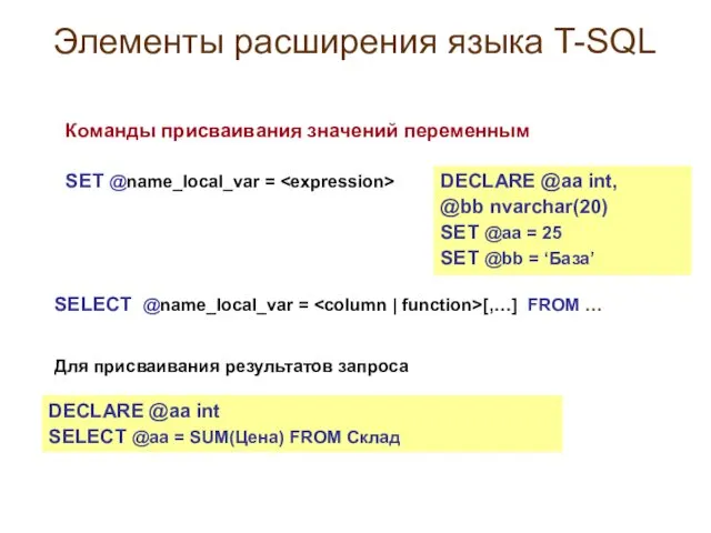 Элементы расширения языка T-SQL Команды присваивания значений переменным SET @name_local_var