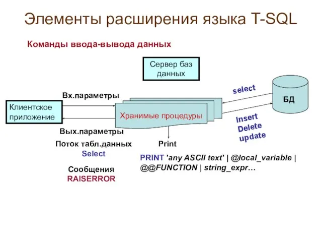 Элементы расширения языка T-SQL Команды ввода-вывода данных Клиентское приложение Сервер