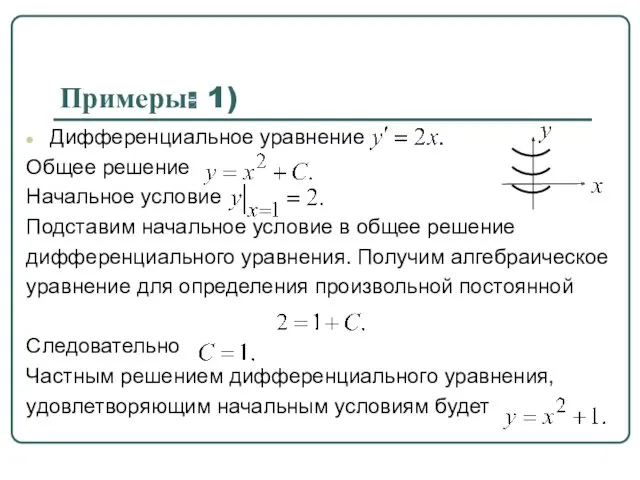 Примеры: 1) Дифференциальное уравнение Общее решение Начальное условие Подставим начальное