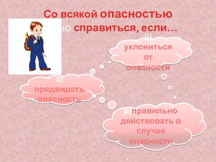 Со всякой опасностью можно справиться, если… а)предвидеть опасность б)уклониться от опасности в)правильно действовать в случае опасности