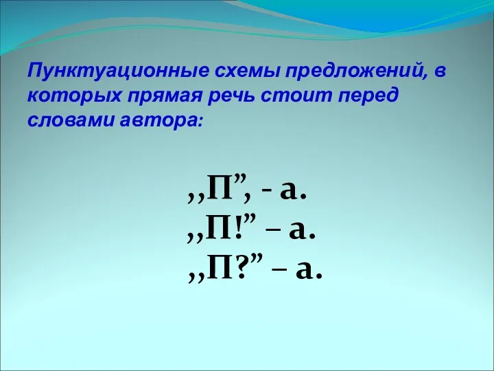 Пунктуационные схемы предложений, в которых прямая речь стоит перед словами