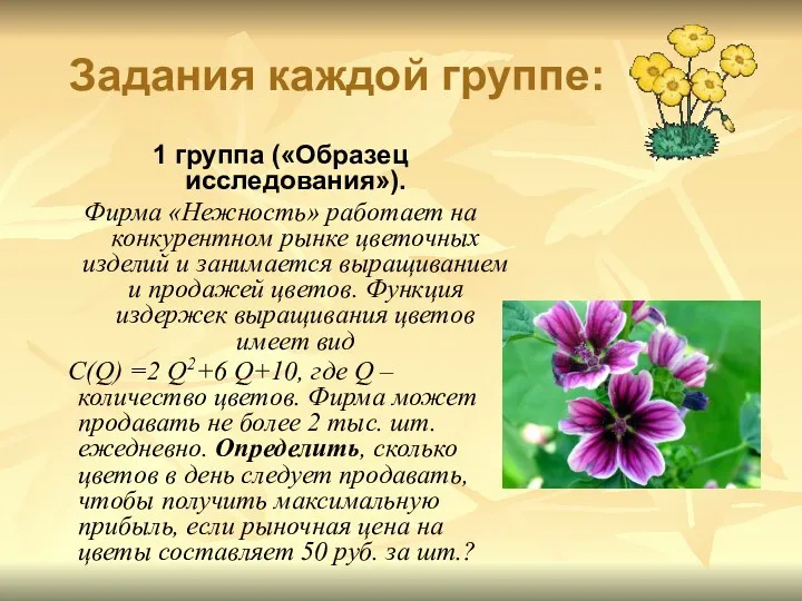 Задания каждой группе: 1 группа («Образец исследования»). Фирма «Нежность» работает