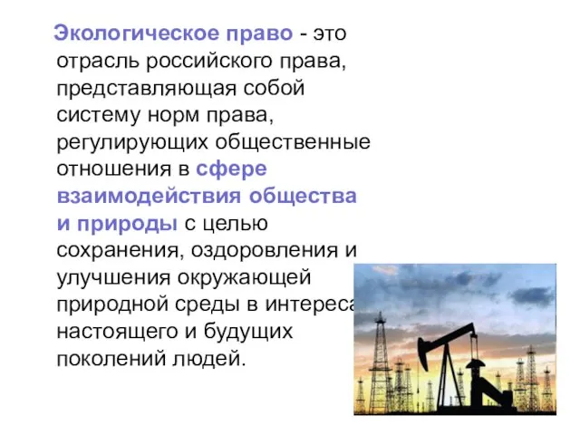Экологическое право - это отрасль российского права, представляющая собой систему