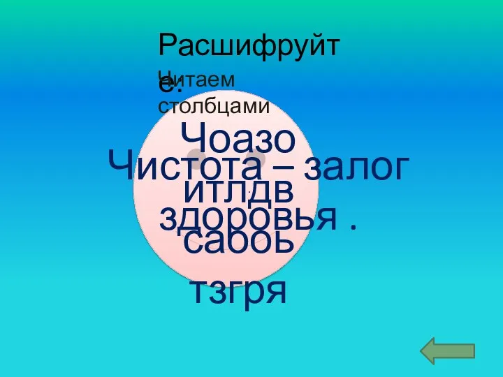 Чоазо итлдв саооь тзгря Чистота – залог здоровья . Расшифруйте: Читаем столбцами .