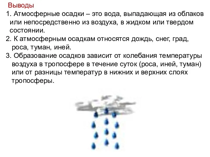 Выводы 1. Атмосферные осадки – это вода, выпадающая из облаков