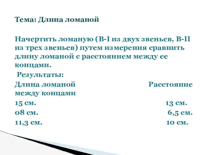 Тема: Длина ломаной Начертить ломаную (В-I из двух звеньев, В-II из трех звеньев)