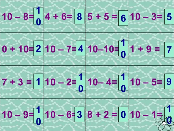 10 – 1= 10 – 5= 10 – 9= 10