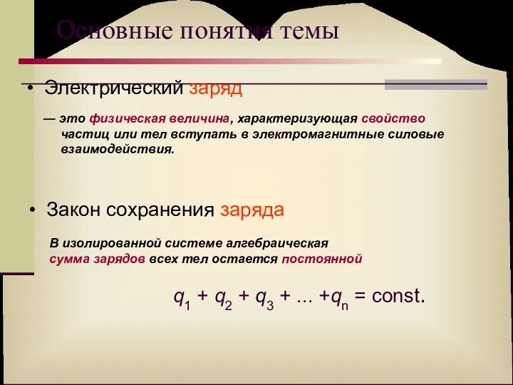 Основные понятия темы Электрический заряд Закон сохранения заряда ― это