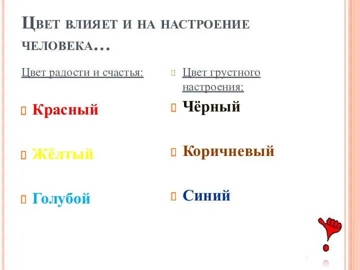 Цвет влияет и на настроение человека… Цвет радости и счастья: Красный Жёлтый Голубой