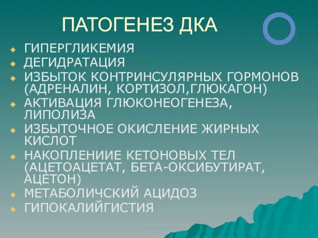 ПАТОГЕНЕЗ ДКА ГИПЕРГЛИКЕМИЯ ДЕГИДРАТАЦИЯ ИЗБЫТОК КОНТРИНСУЛЯРНЫХ ГОРМОНОВ (АДРЕНАЛИН, КОРТИЗОЛ,ГЛЮКАГОН) АКТИВАЦИЯ