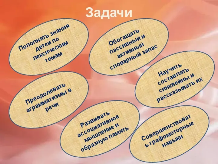 Задачи Пополнять знания детей по лексическим темам Преодолевать аграмматизмы в речи Совершенствовать графомоторные