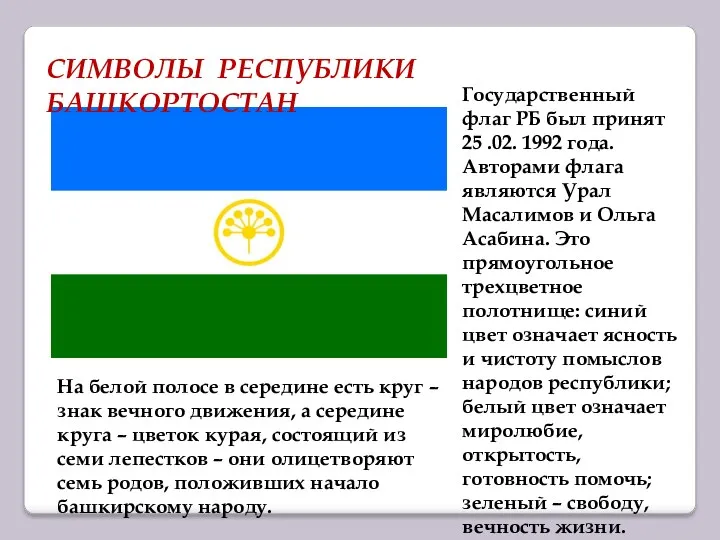СИМВОЛЫ РЕСПУБЛИКИ БАШКОРТОСТАН Государственный флаг РБ был принят 25 .02.