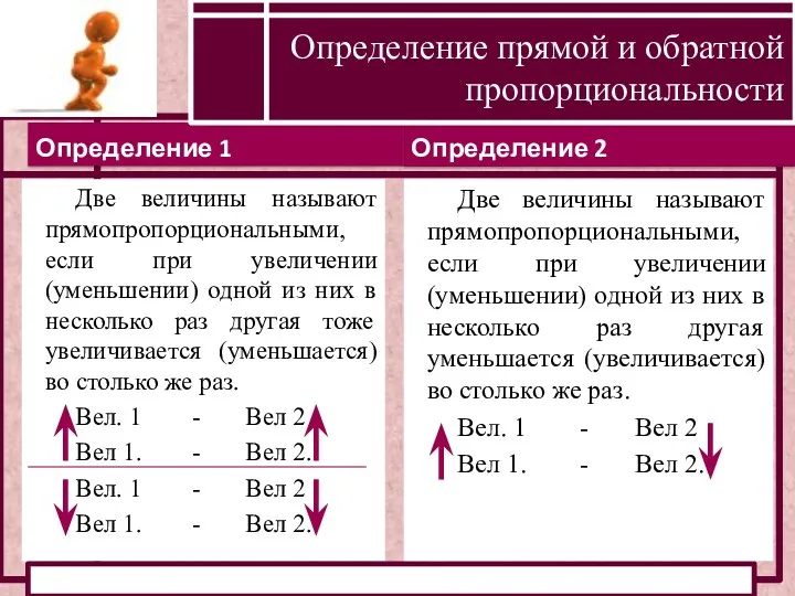 Определение 2 Определение 1 Определение прямой и обратной пропорциональности Две величины называют прямопропорциональными,